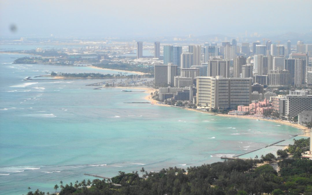 Blue beaches and coastline with resort buildings